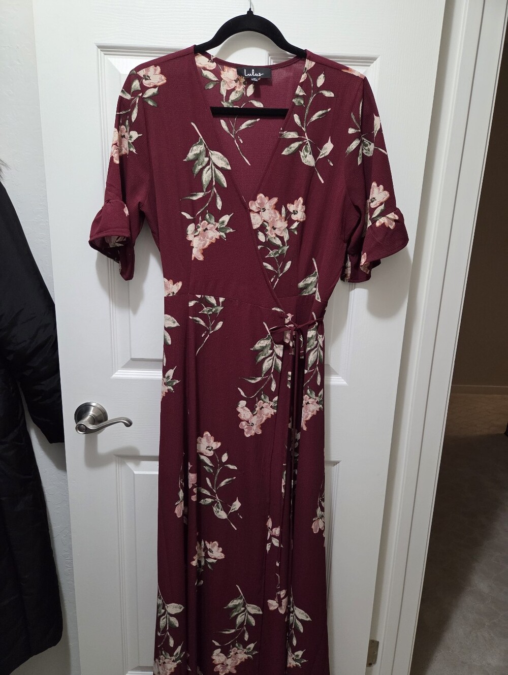 Lulus September Sunsets Burgundy Floral Print Wrap Maxi Dress